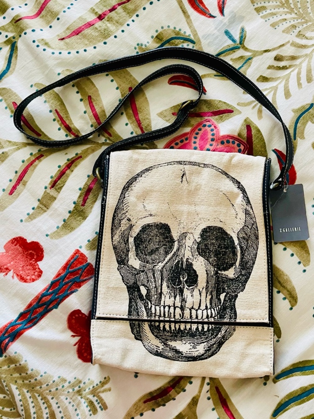 NWT Z Gallerie Large Skull Canvas Messenger Bag